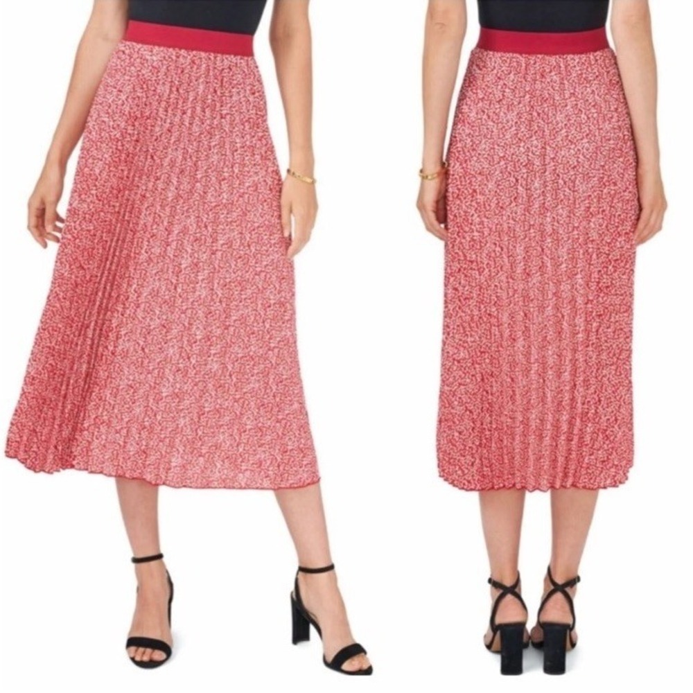 Vince Camuto Midi Pleated Skirt Floral Feminine Flowy Career Pull On Berry Sz M